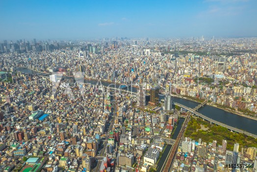 Picture of Aerial view of Tokyo city skyline with Asahi Beer Hall Asahi Flame o Golden Turd Sumida River Bridges and Asakusa area from Tokyo Skytree observatory Daytime Tokyo Japan